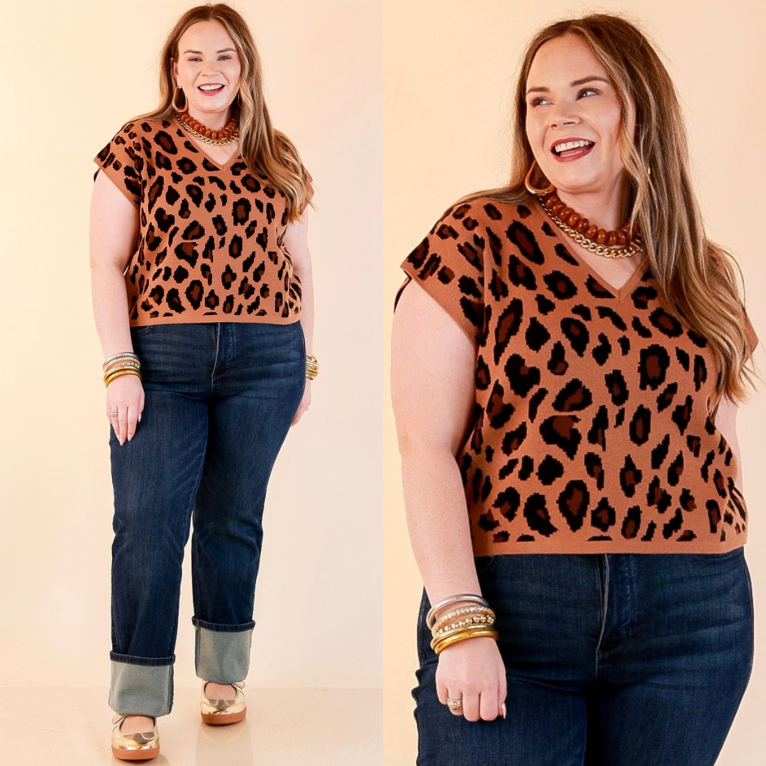 Natural Instinct Leopard Print V-Neck Sweater Knit Top in Camel and Black