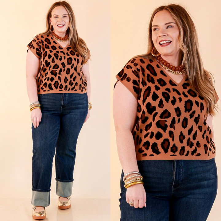 Natural Instinct Leopard Print V-Neck Sweater Knit Top in Camel and Black
