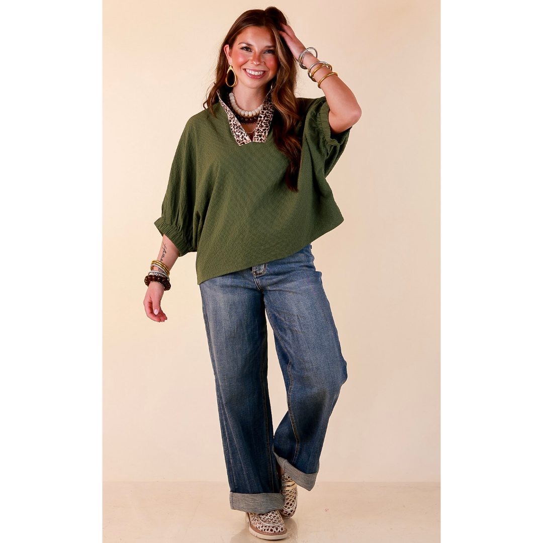 Naturally Chic Textured Poncho Top with Leopard Trim Details and Dolman Sleeves in Olive Green