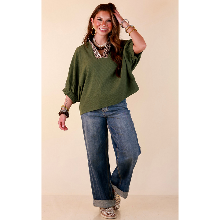 Naturally Chic Textured Poncho Top with Leopard Trim Details and Dolman Sleeves in Olive Green