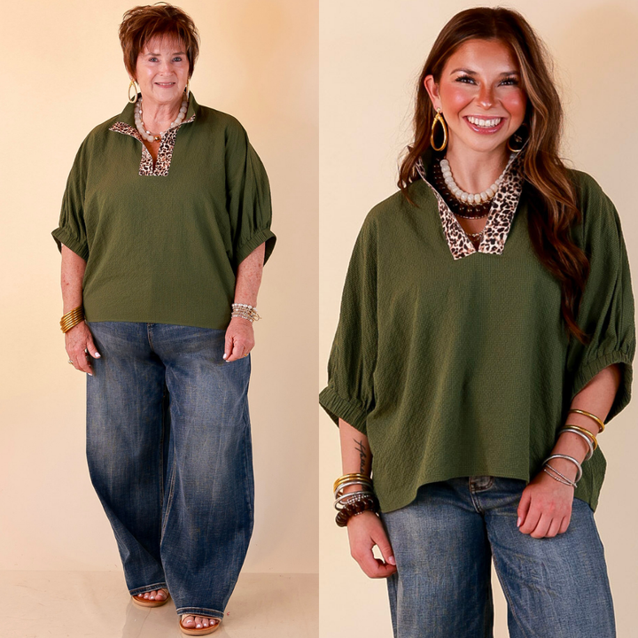 Naturally Chic Textured Poncho Top with Leopard Trim Details and Dolman Sleeves in Olive Green