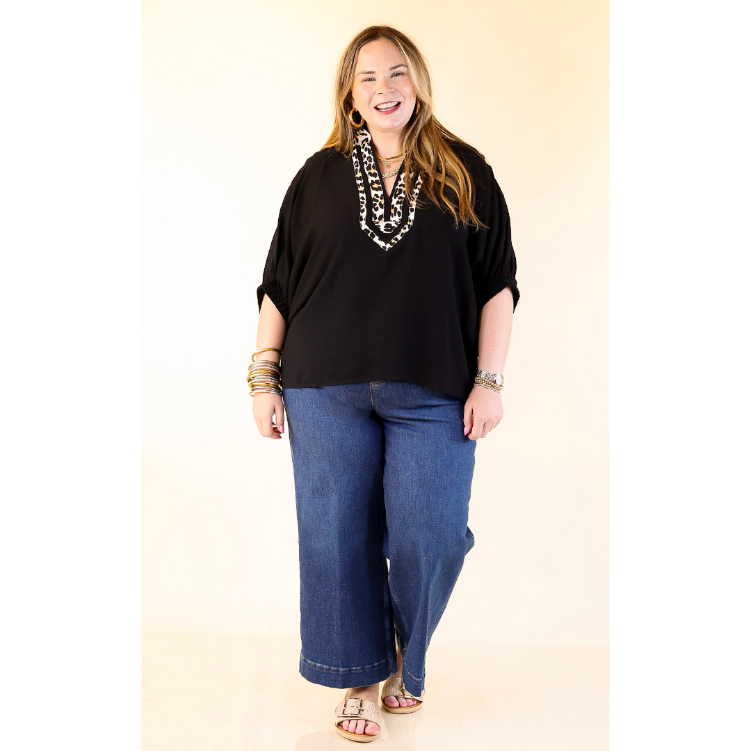 Naturally Stylish Leopard Print Trim Poncho Top in Black