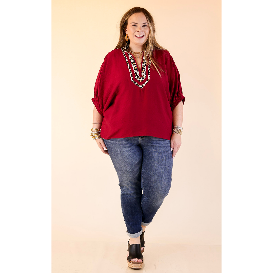 Naturally Stylish Leopard Print Trim Poncho Top in Maroon