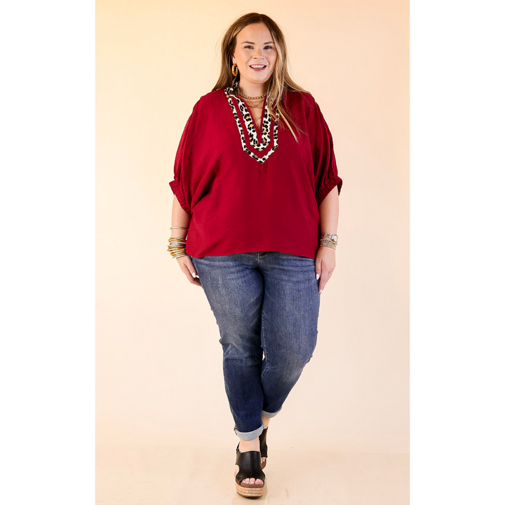 Naturally Stylish Leopard Print Trim Poncho Top in Maroon