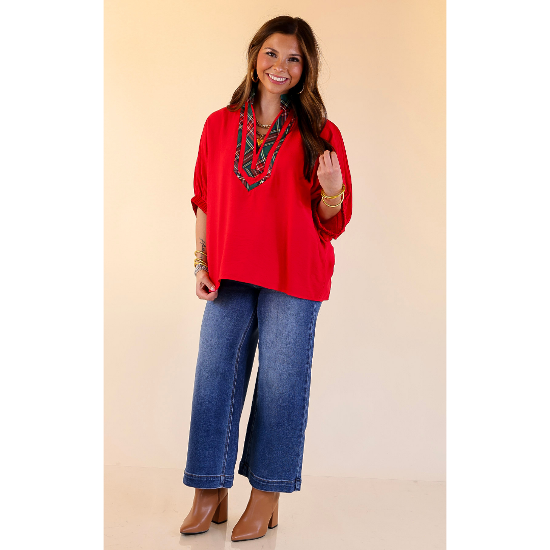 Naturally Stylish Poncho Top with Green Plaid Trim in Red