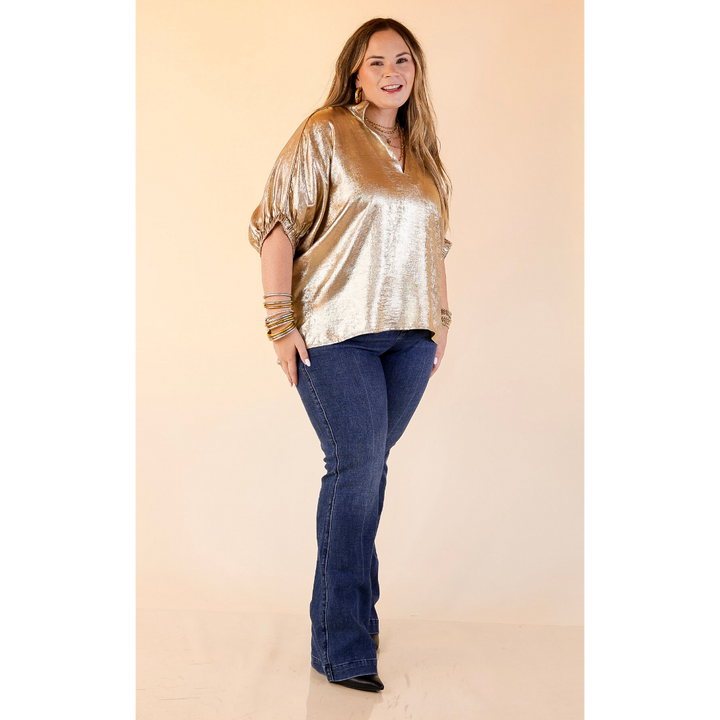 Naturally Stylish Shimmer Metallic Poncho Top in Gold