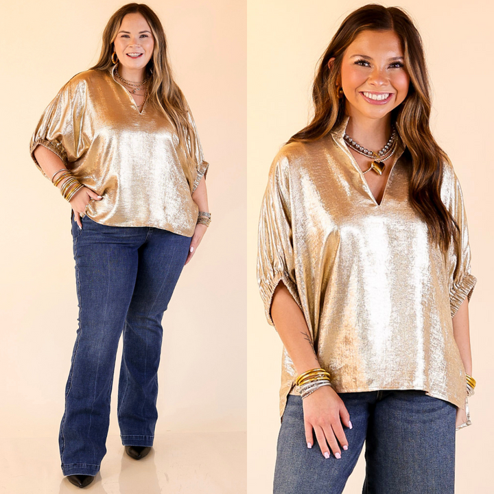 Naturally Stylish Shimmer Metallic Poncho Top in Gold