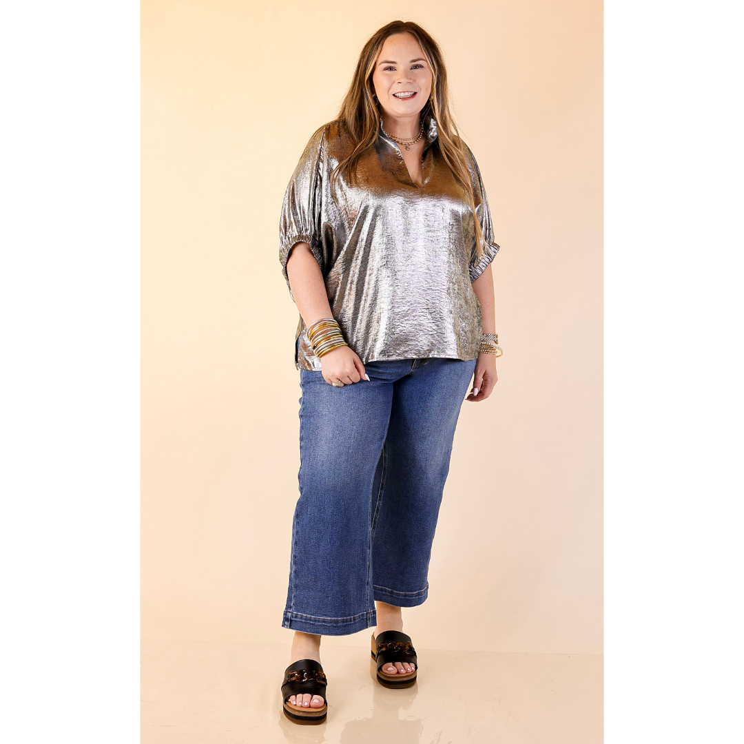Naturally Stylish Shimmer Metallic Poncho Top in Silver