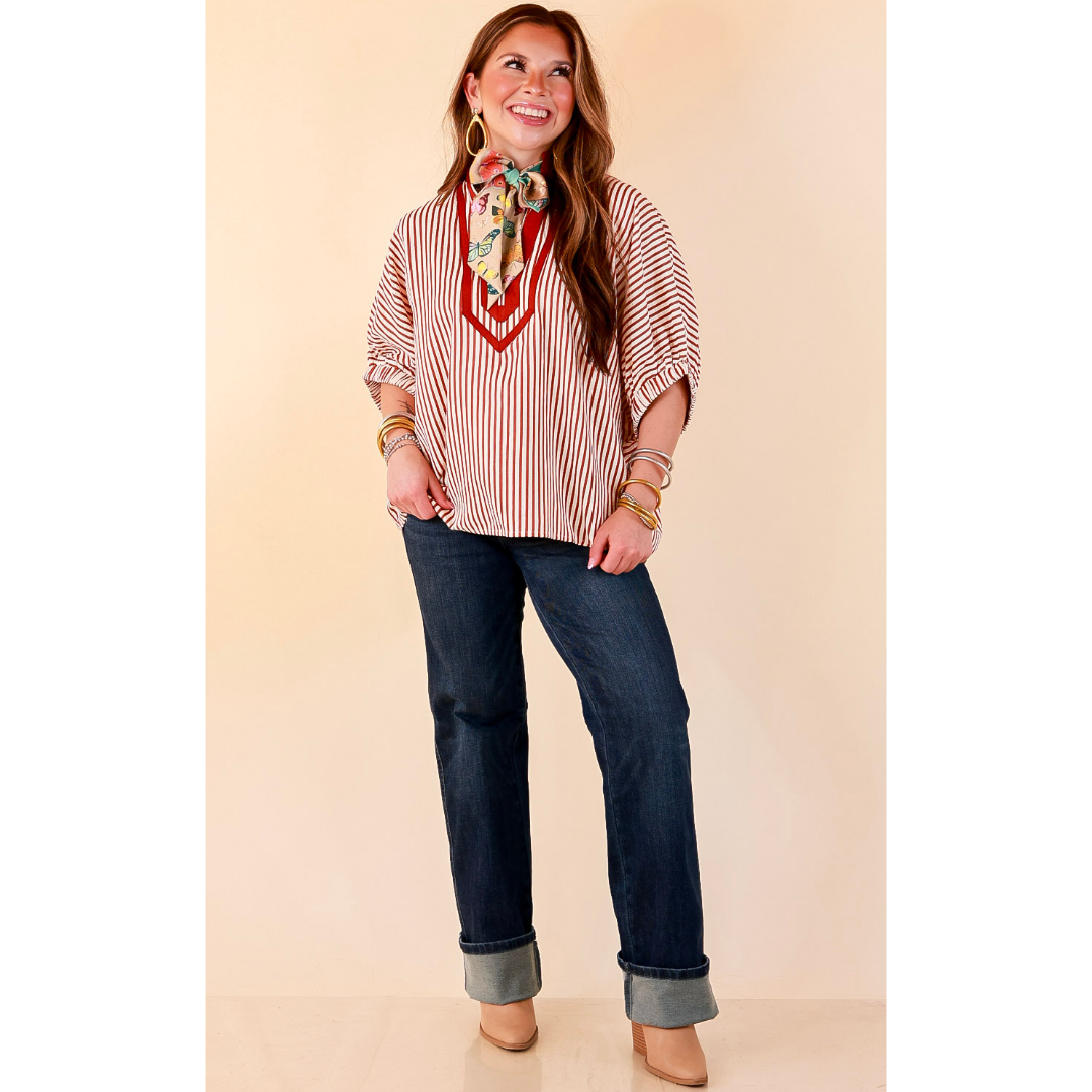 Naturally Stylish Stripe Top with Contrast Stripe Trim and Short Dolman Sleeves in Brick Red