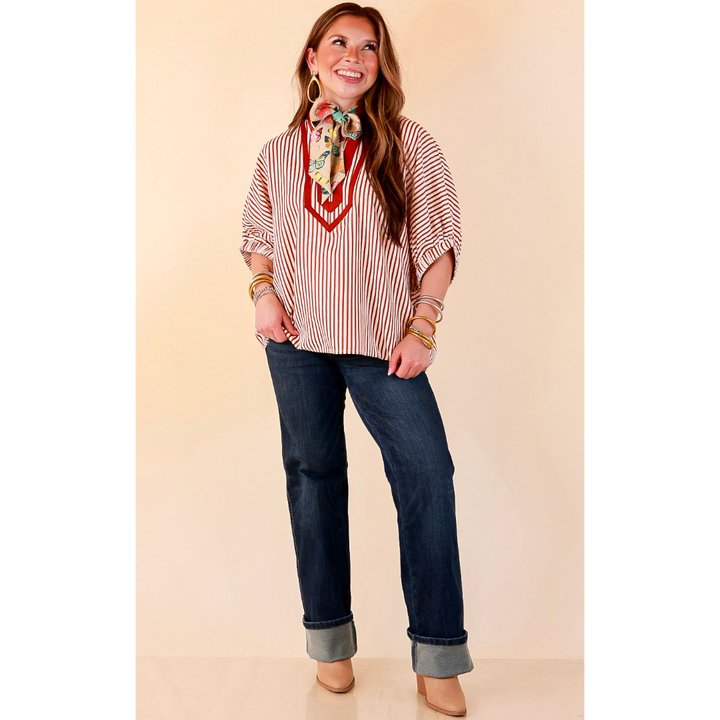 Naturally Stylish Stripe Top with Contrast Stripe Trim and Short Dolman Sleeves in Brick Red