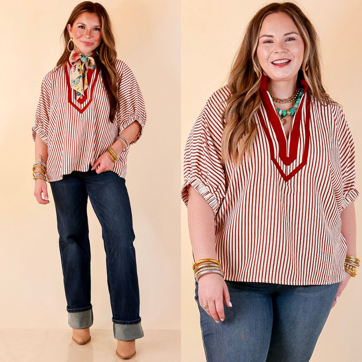 Naturally Stylish Stripe Top with Contrast Stripe Trim and Short Dolman Sleeves in Brick Red
