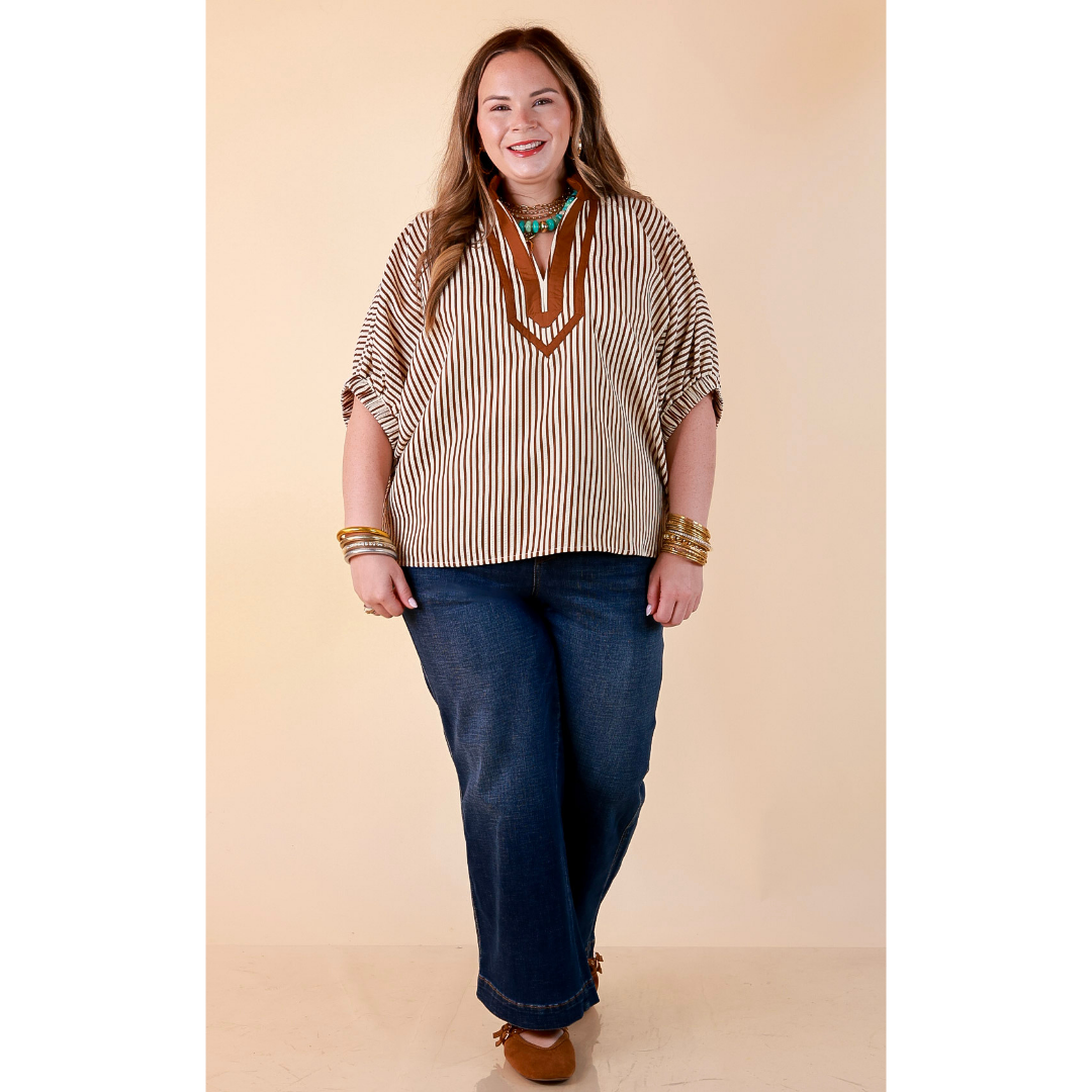 Naturally Stylish Stripe Top with Contrast Stripe Trim and Short Dolman Sleeves in Camel Brown