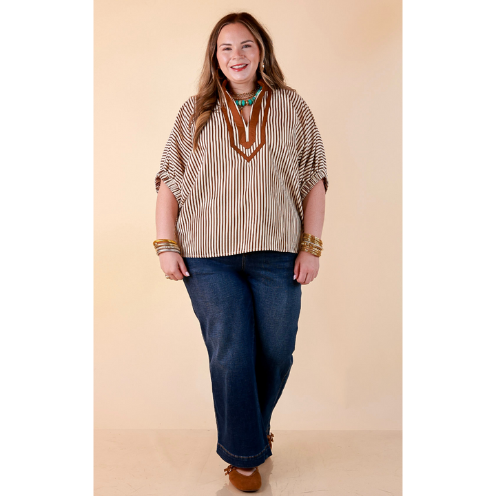 Naturally Stylish Stripe Top with Contrast Stripe Trim and Short Dolman Sleeves in Camel Brown