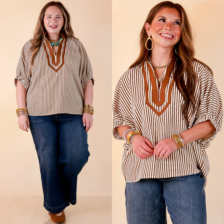 Naturally Stylish Stripe Top with Contrast Stripe Trim and Short Dolman Sleeves in Camel Brown