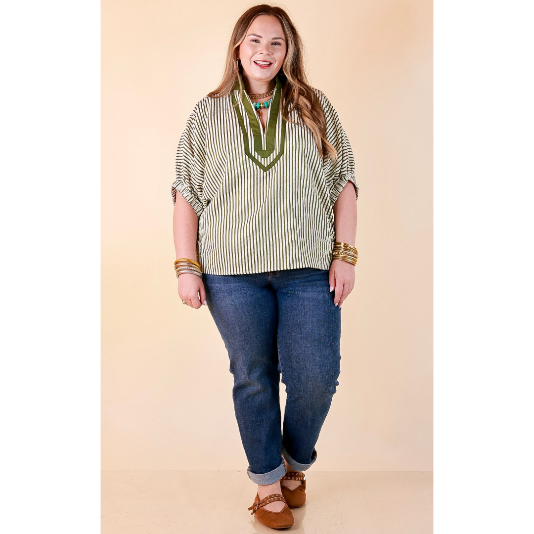 Naturally Stylish Stripe Top with Contrast Stripe Trim and Short Dolman Sleeves in Olive Green