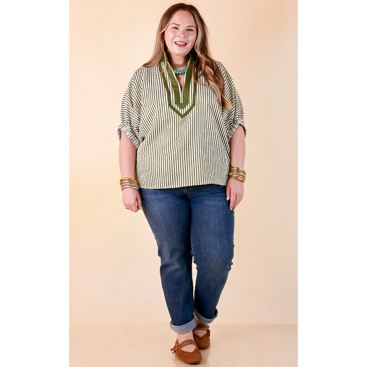 Naturally Stylish Stripe Top with Contrast Stripe Trim and Short Dolman Sleeves in Olive Green
