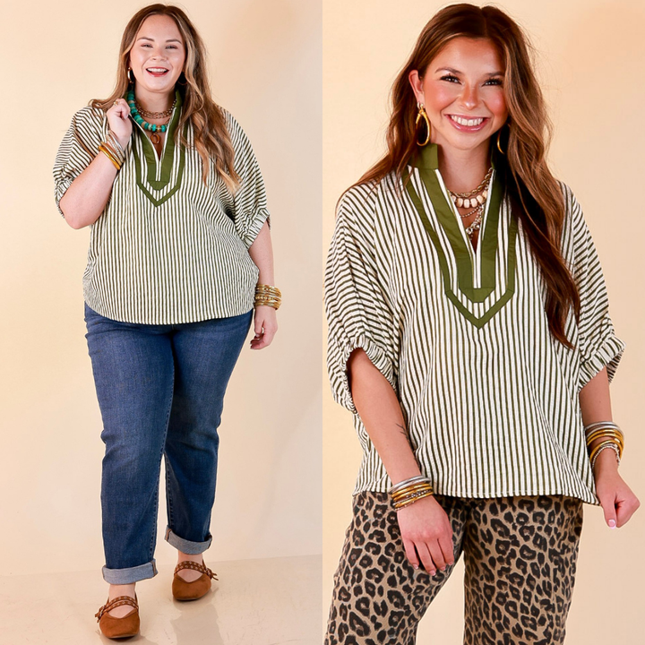 Naturally Stylish Stripe Top with Contrast Stripe Trim and Short Dolman Sleeves in Olive Green