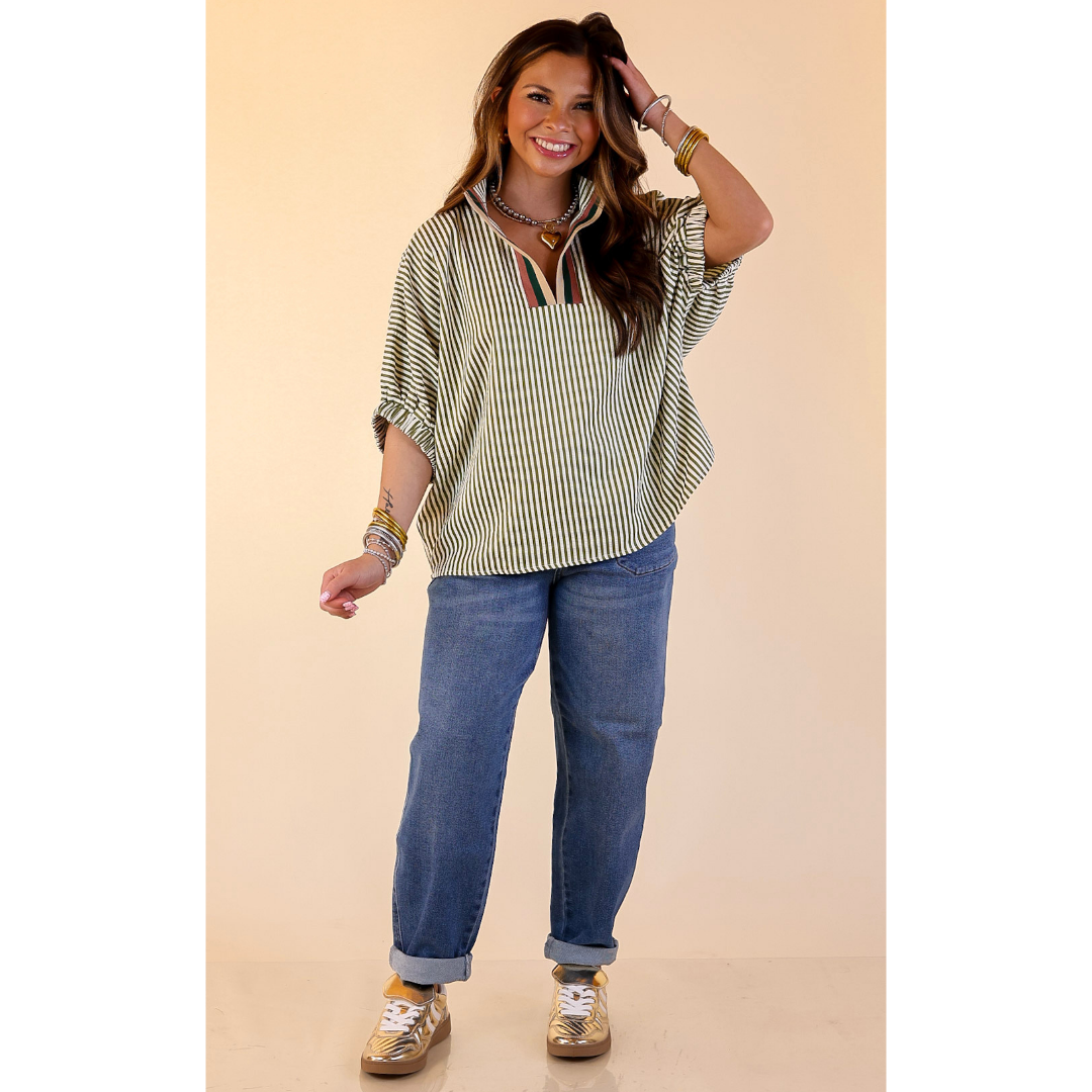 Naturally Stylish Striped Poncho Top in Olive Green