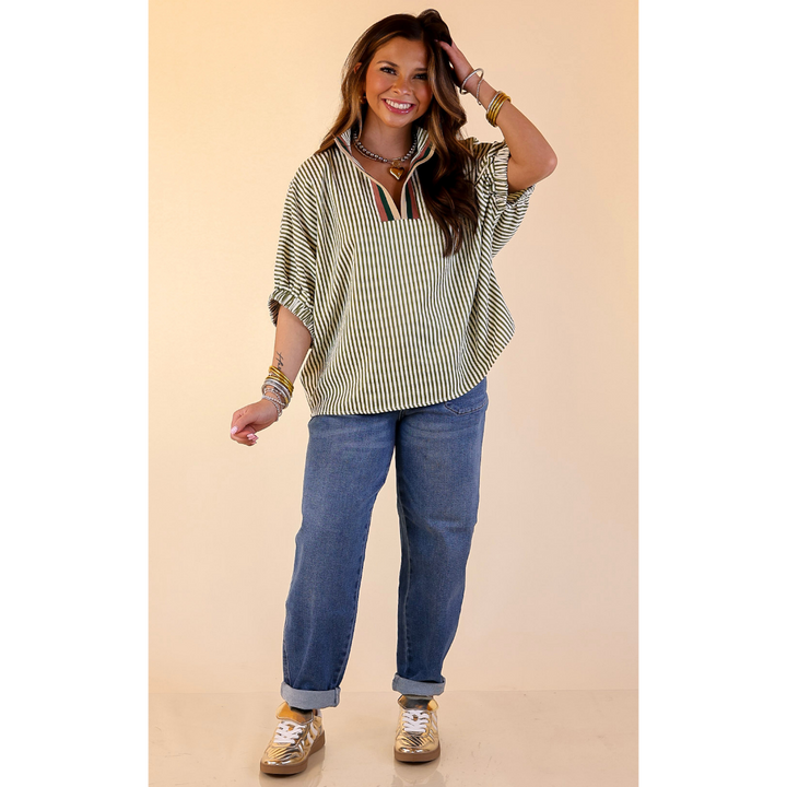 Naturally Stylish Striped Poncho Top in Olive Green