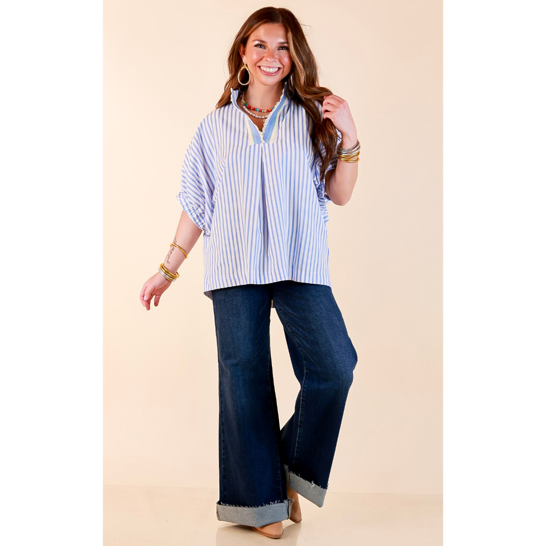 Naturally Stylish Striped Poncho Top with Lace Trim Details and Dolman Sleeves in Baby Blue