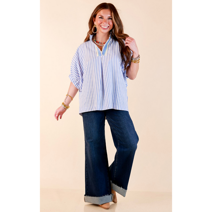 Naturally Stylish Striped Poncho Top with Lace Trim Details and Dolman Sleeves in Baby Blue