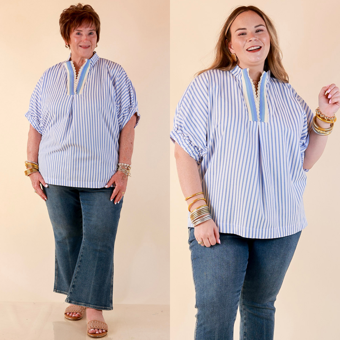Naturally Stylish Striped Poncho Top with Lace Trim Details and Dolman Sleeves in Baby Blue