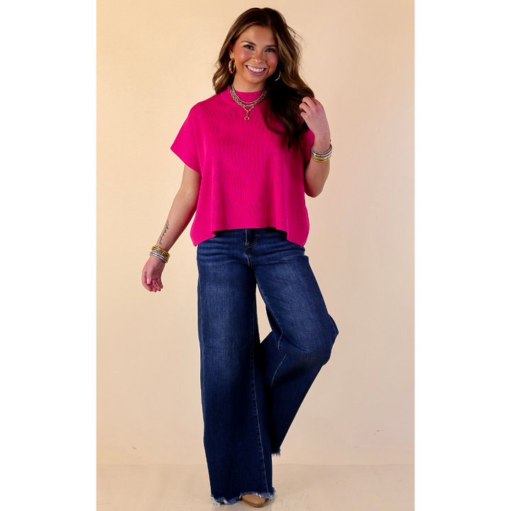 Never Out of Style Short Sleeve Mock Neck Top in Hot Pink
