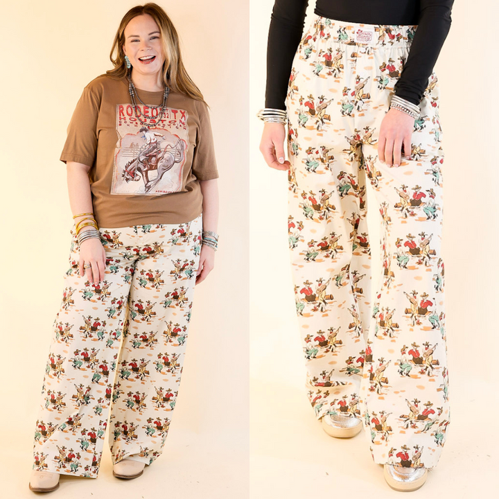 Newest Trend Cowboy Print Cotton Pants with Elastic Waistband in Ivory
