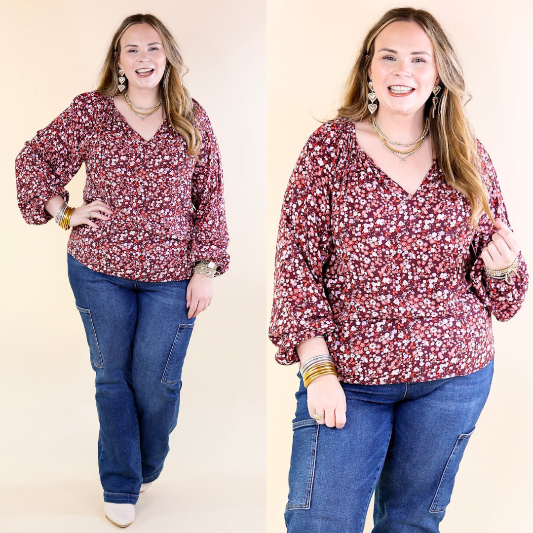 Wide Open Spaces Notched Neck Fall Floral Top with Long Balloon Sleeves in Maroon