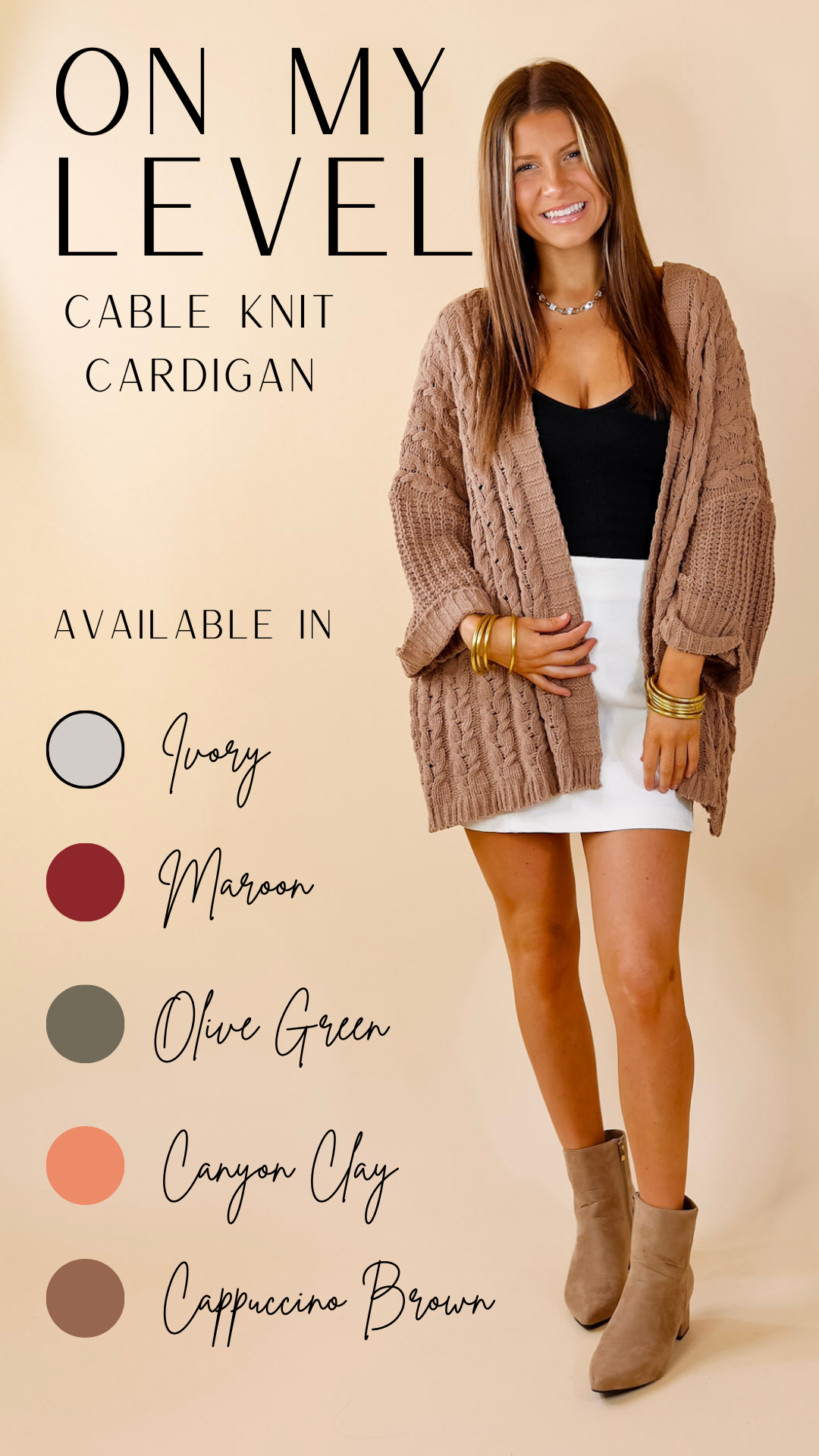On My Level Chenille Cable Knit Open Front Cardigan in Cappuccino Brown - Giddy Up Glamour Boutique