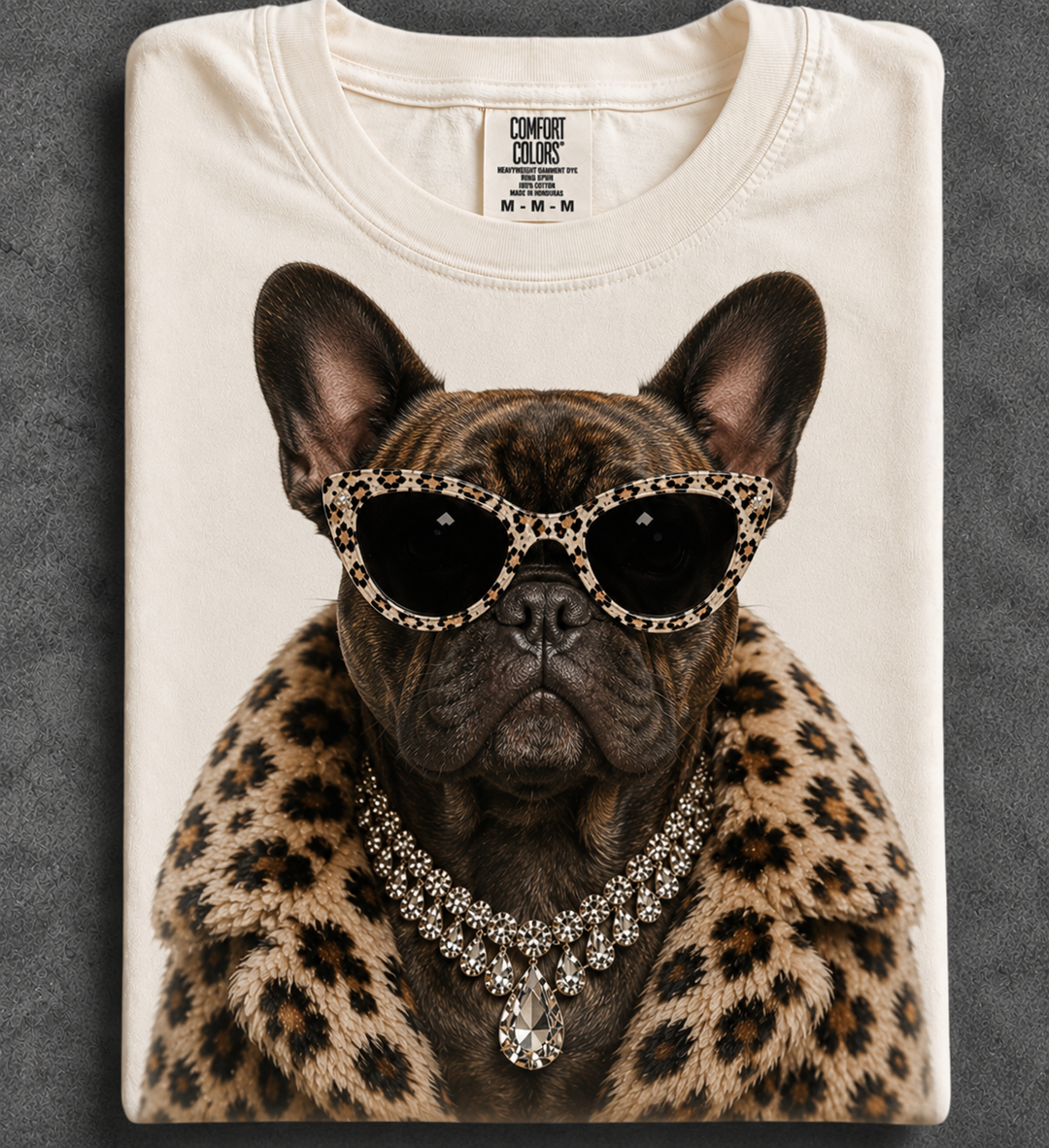 Custom Made to Order | Fur Coat Energy Brindle Frenchie Faux Jewelry Printed Graphic Design Tee or Sweatshirt in Multiple Printing Options on Ivory