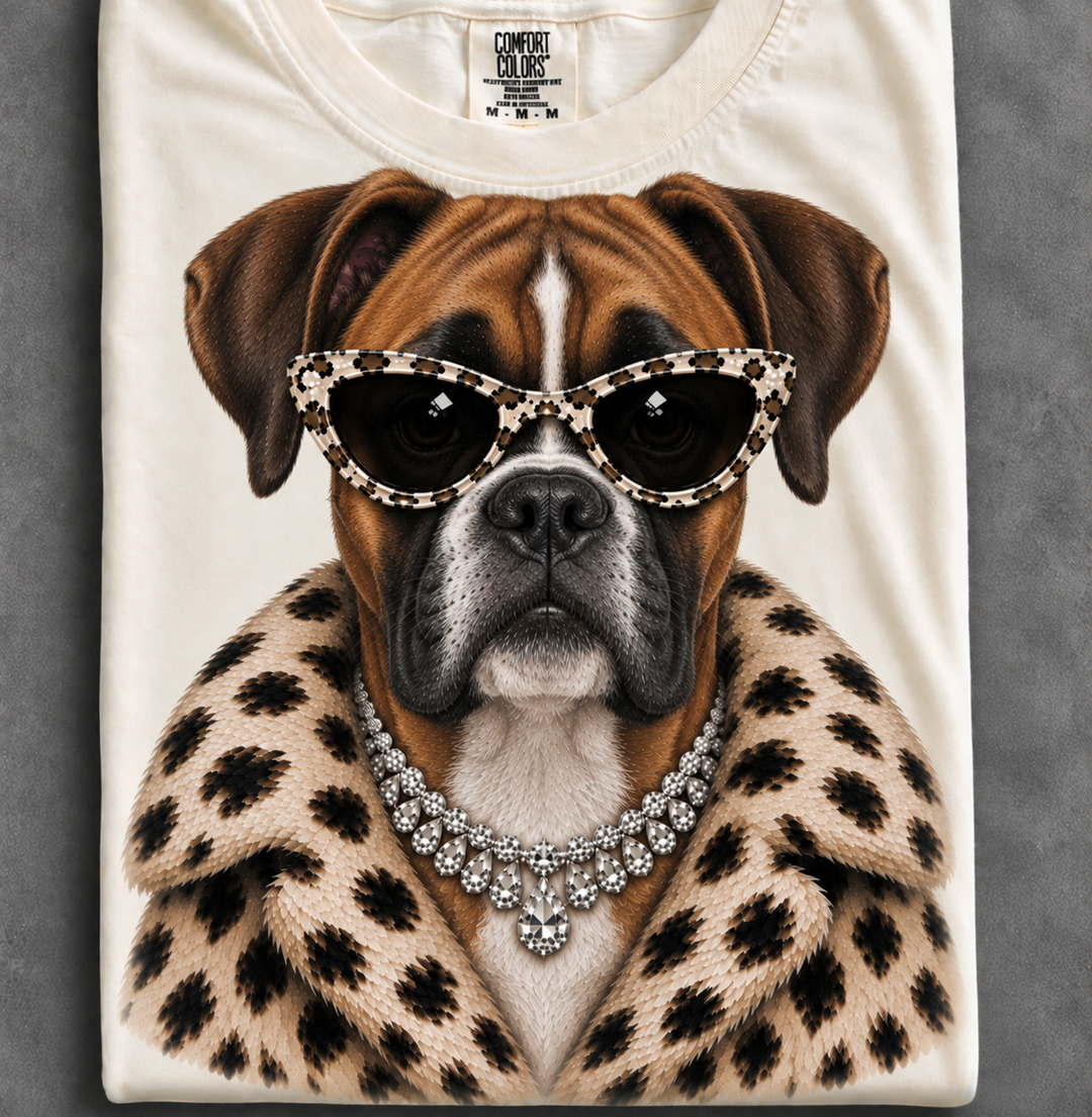 Custom Made to Order | Fur Coat Energy Boxer Faux Jewelry Printed Graphic Design Tee or Sweatshirt in Multiple Printing Options on Ivory
