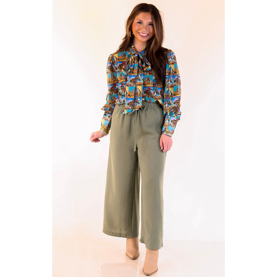 On Repeat Cropped Drawstring Woven Pants in Olive Green