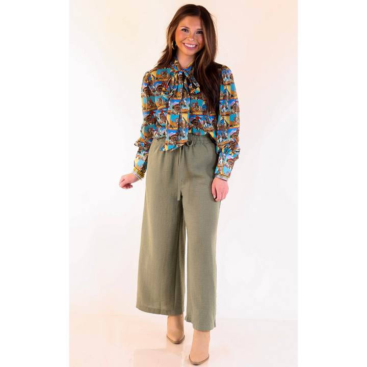 On Repeat Cropped Drawstring Woven Pants in Olive Green