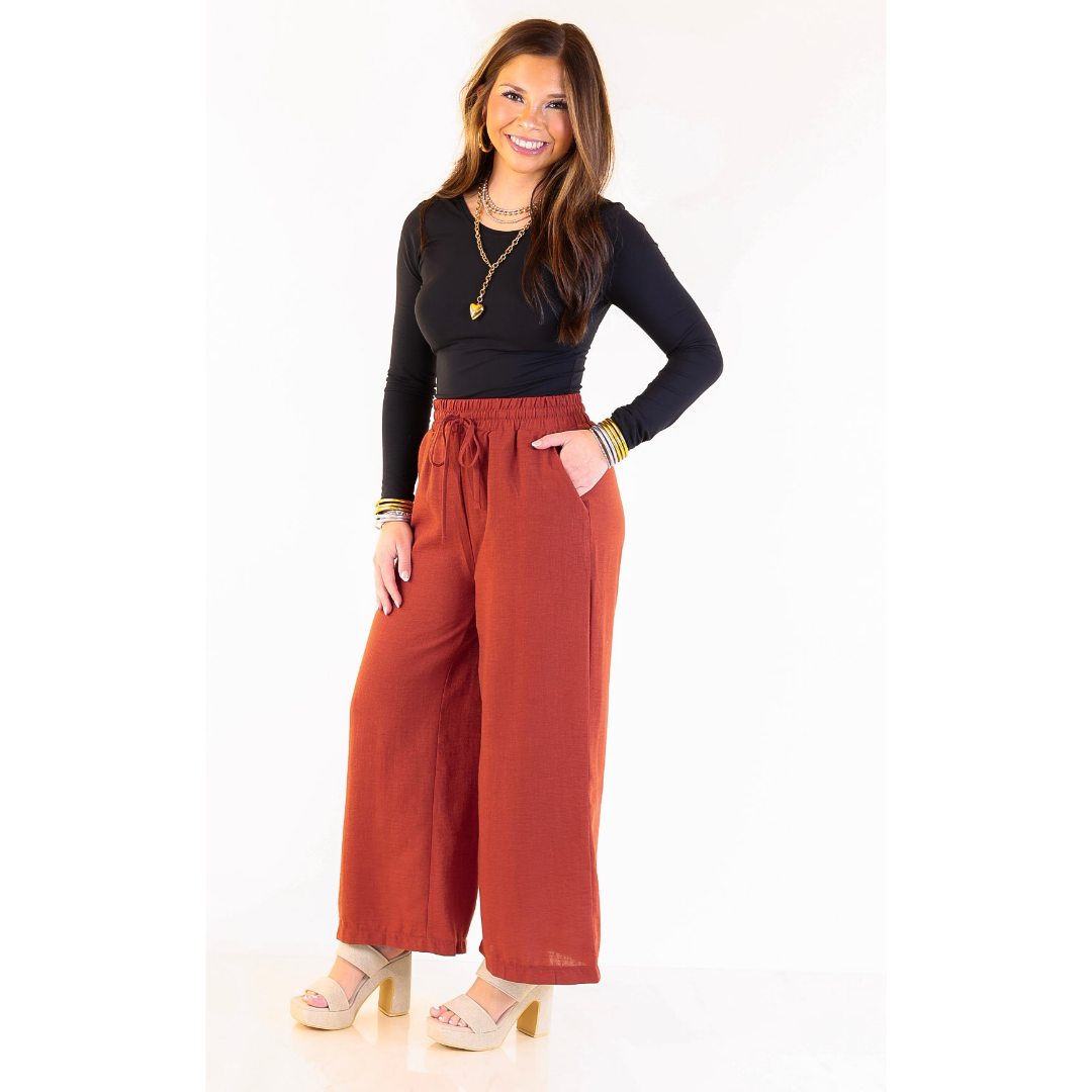 On Repeat Cropped Drawstring Woven Pants in Rust Orange