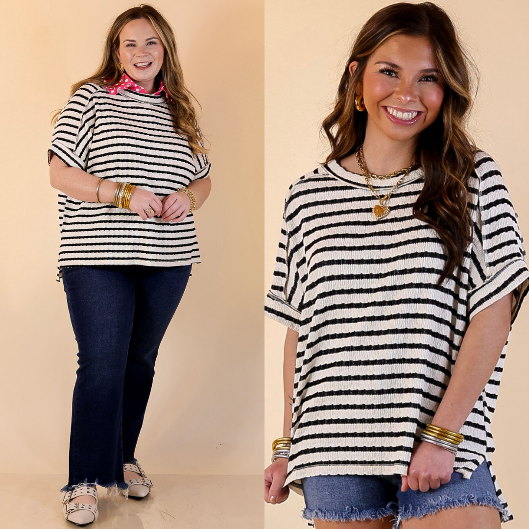 Two images of a woman wearing a black and white striped shirt against a beige background.