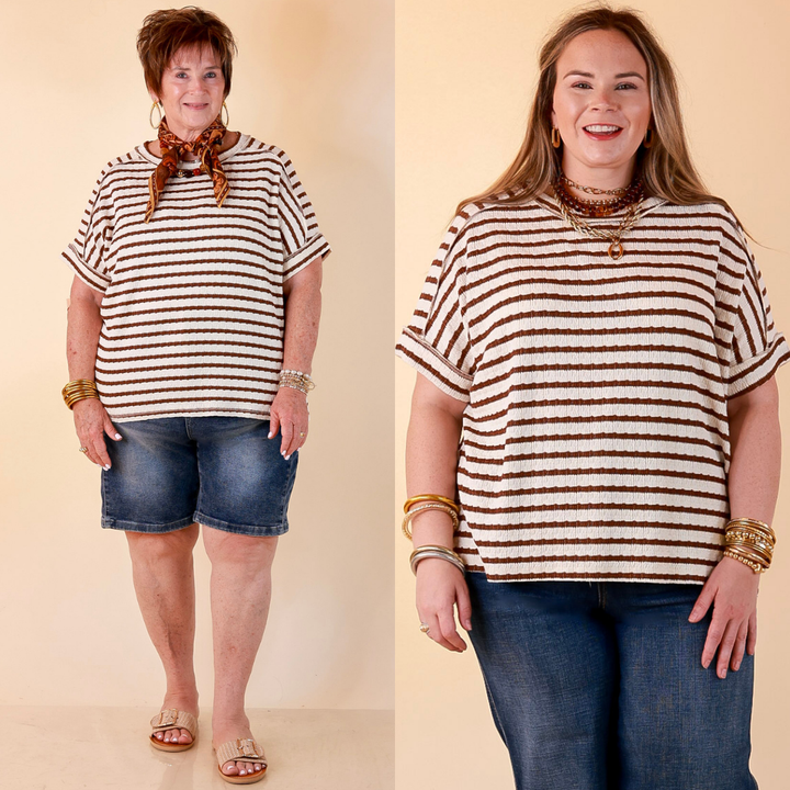 On The Daily Scoop Neck Short Sleeve Striped Textured Top in Chocolate Brown