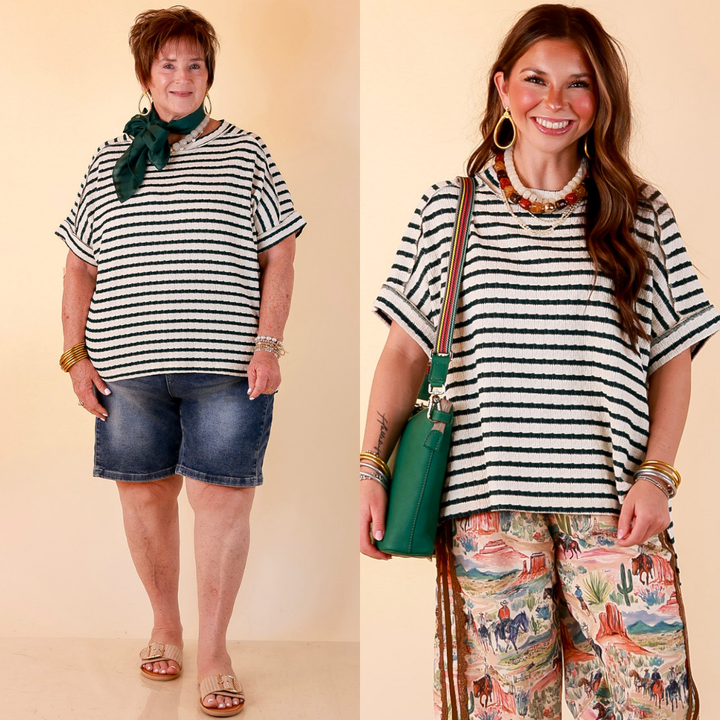 On The Daily Scoop Neck Short Sleeve Striped Textured Top in Hunter Green