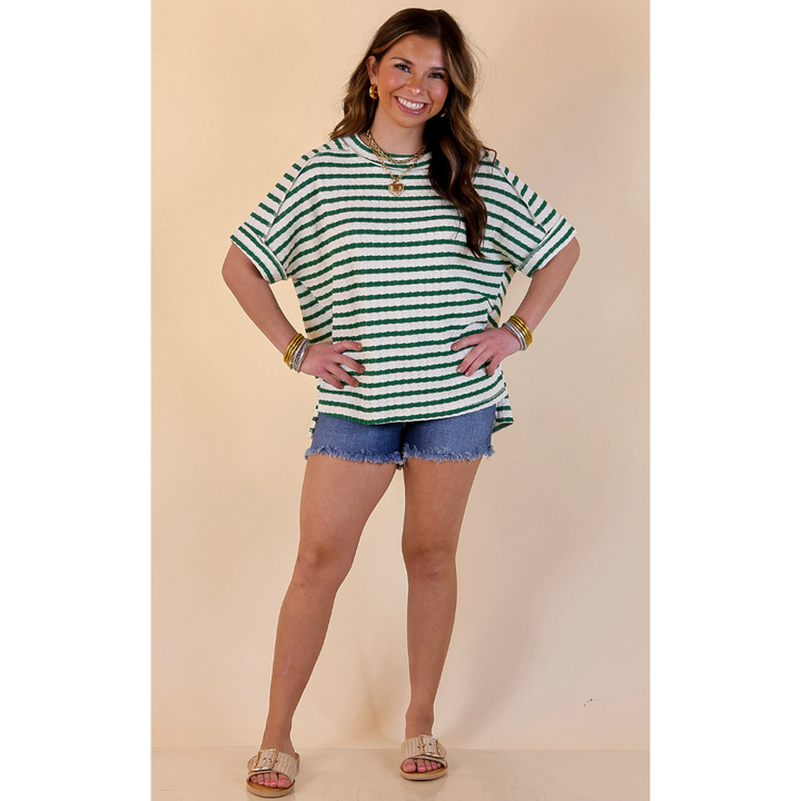 On The Daily Scoop Neck Short Sleeve Striped Textured Top in Kelly Green