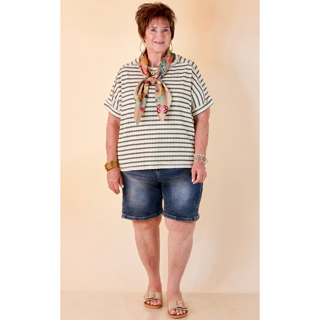 On The Daily Scoop Neck Short Sleeve Striped Textured Top in Olive Green