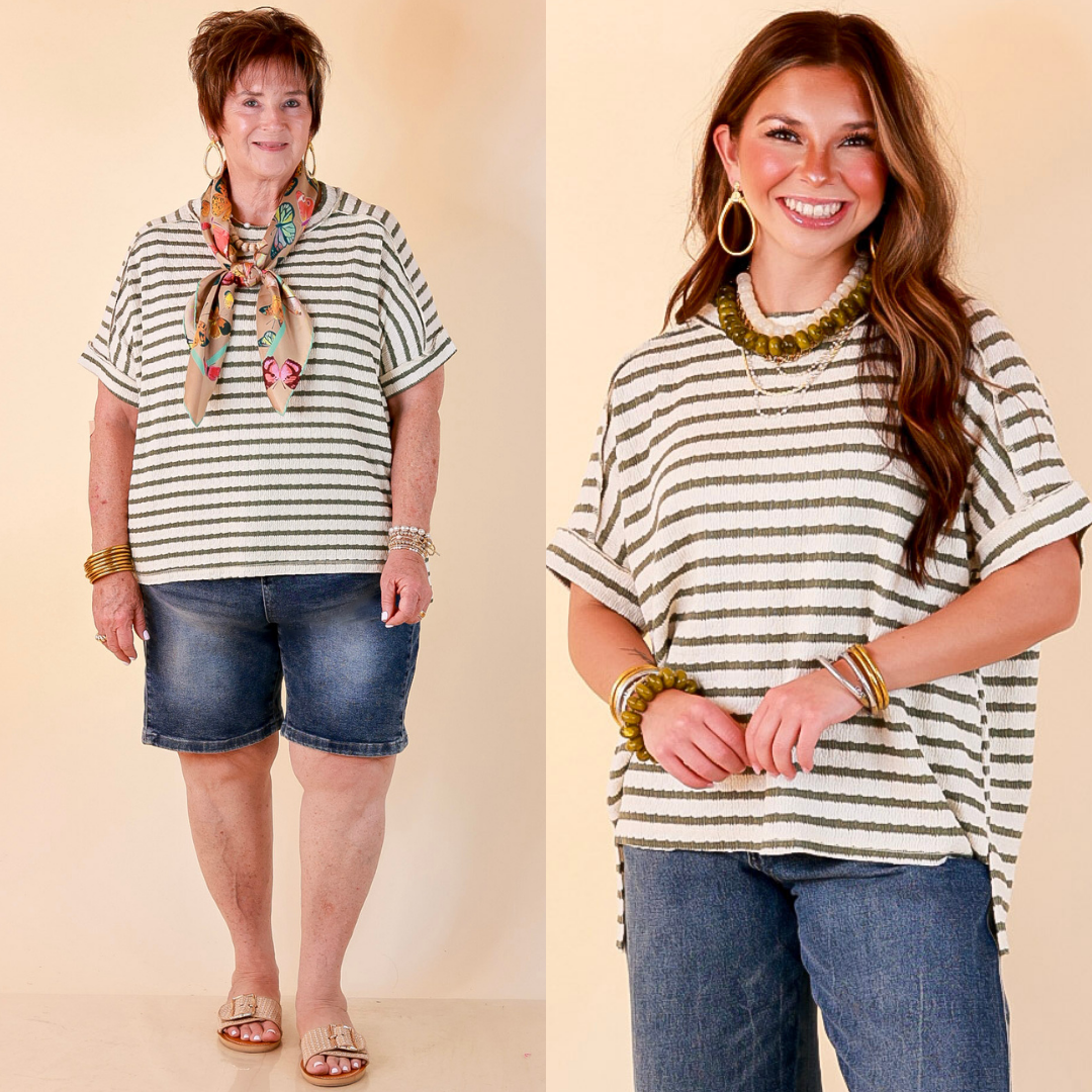 On The Daily Scoop Neck Short Sleeve Striped Textured Top in Olive Green