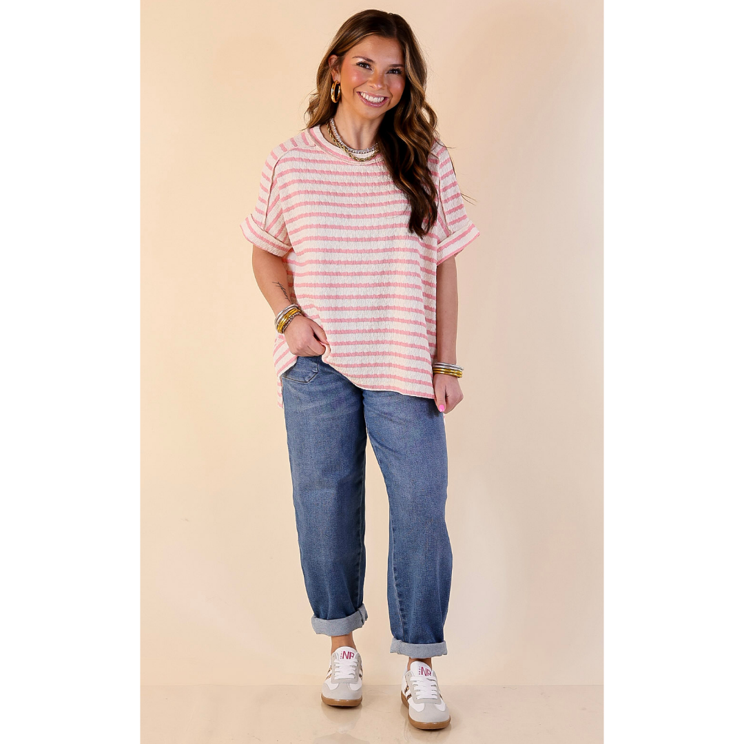 On The Daily Scoop Neck Short Sleeve Textured Top in Pink