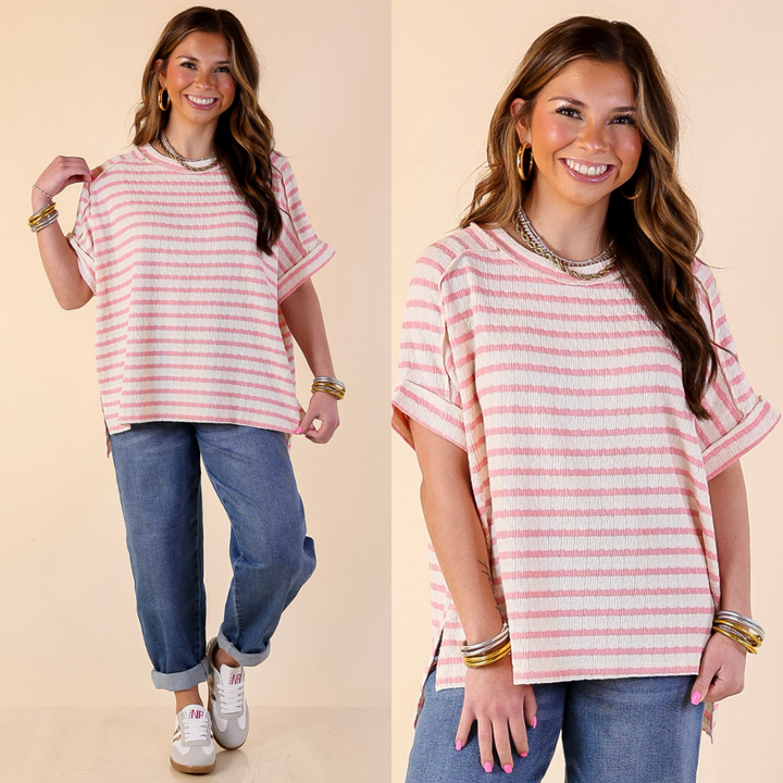 On The Daily Scoop Neck Short Sleeve Textured Top in Pink
