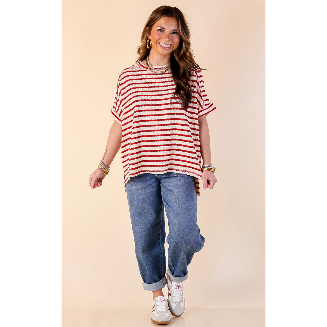 On The Daily Scoop Neck Short Sleeve Textured Top in Red