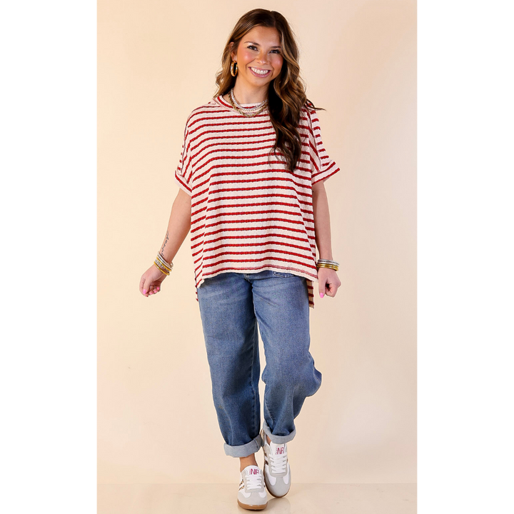 On The Daily Scoop Neck Short Sleeve Textured Top in Red