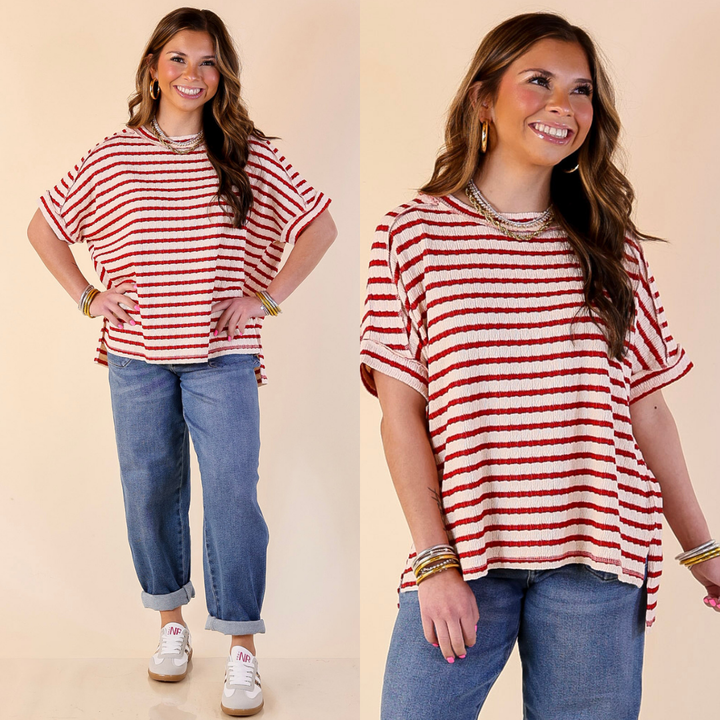 On The Daily Scoop Neck Short Sleeve Textured Top in Red