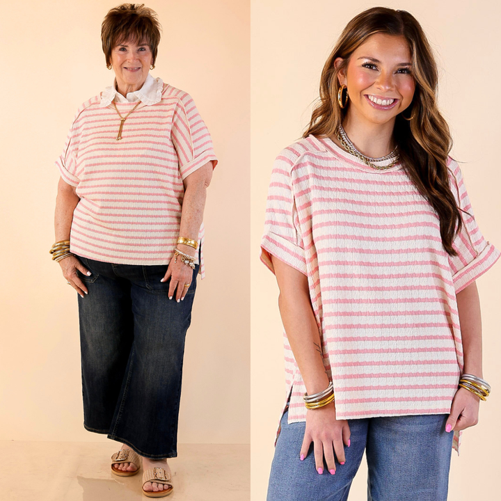 On The Daily Scoop Neck Short Sleeve Striped Textured Top in Pink