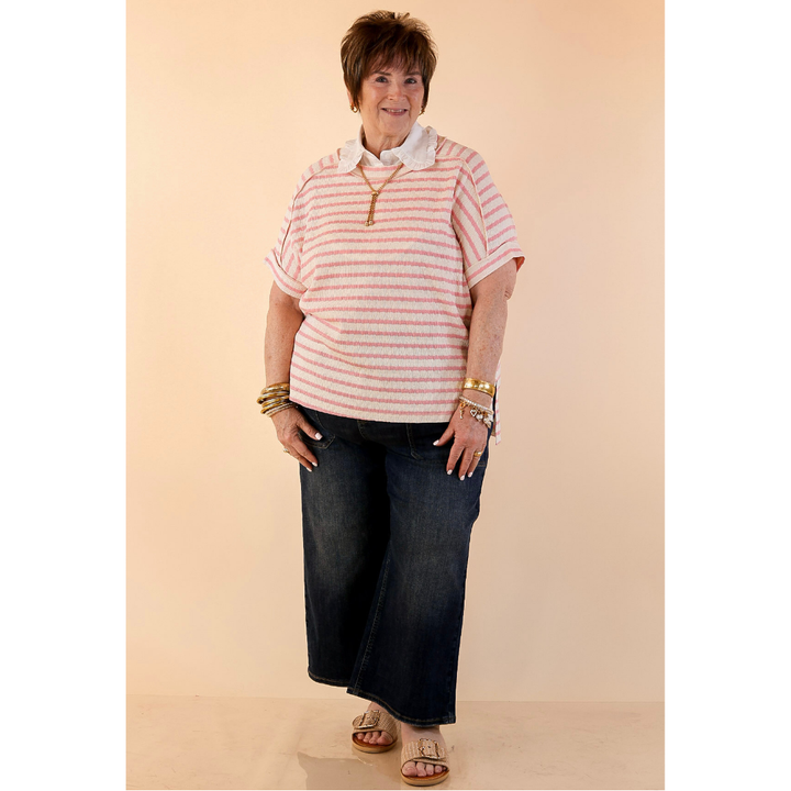 On The Daily Scoop Neck Short Sleeve Striped Textured Top in Pink