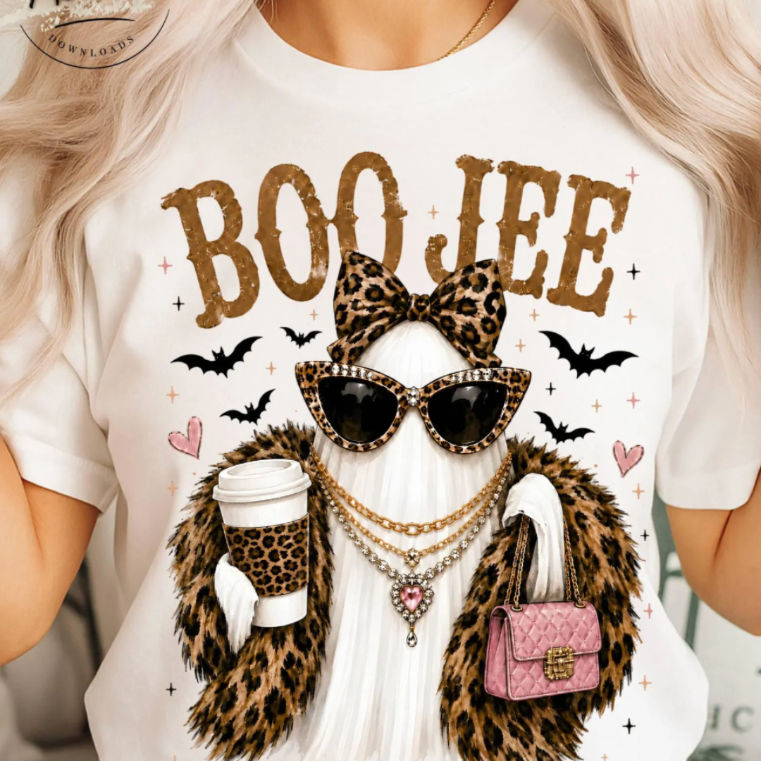 White Halloween graphic tee featuring a fashionable ghost wearing a leopard jacket, leopard sunglasses, pink purse, jewelry, coffee cup, and "BOO JEE" lettering.