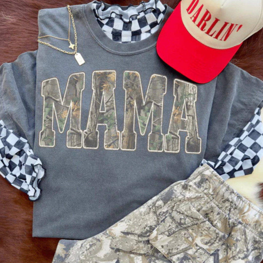 Graphic tee and sweatshirt featuring a bold varsity-style MAMA design with camouflage print lettering.